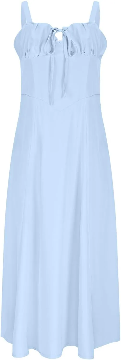 Midi Corset Dress Boho Flowy Slit Lace Up Dresses for Women Going Out A Line Casual Sundress Vacation Beach Dress