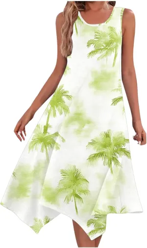 Midi Dress for Women 2025 Summer Beach Vacation Sundresses Coconut Tree Printed Round Neck Sleeveless Tank Dress