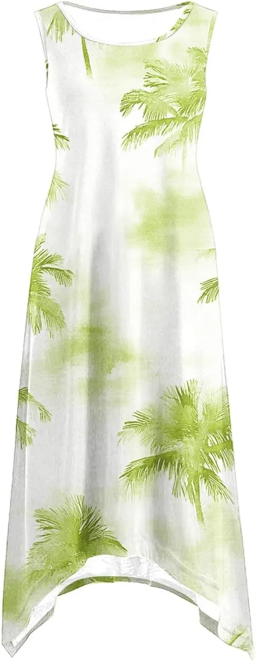 Midi Dress for Women 2025 Summer Beach Vacation Sundresses Coconut Tree Printed Round Neck Sleeveless Tank Dress