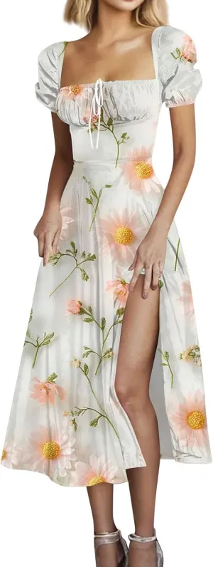 Midi Dresses for Women Summer Puff Sleeve Square Neck A Line Floral Dress for Wedding Ruched High Waist Split Dresses