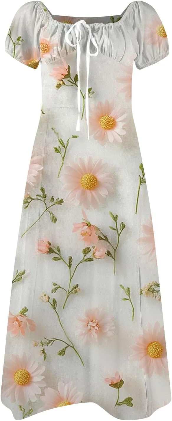 Midi Dresses for Women Summer Puff Sleeve Square Neck A Line Floral Dress for Wedding Ruched High Waist Split Dresses