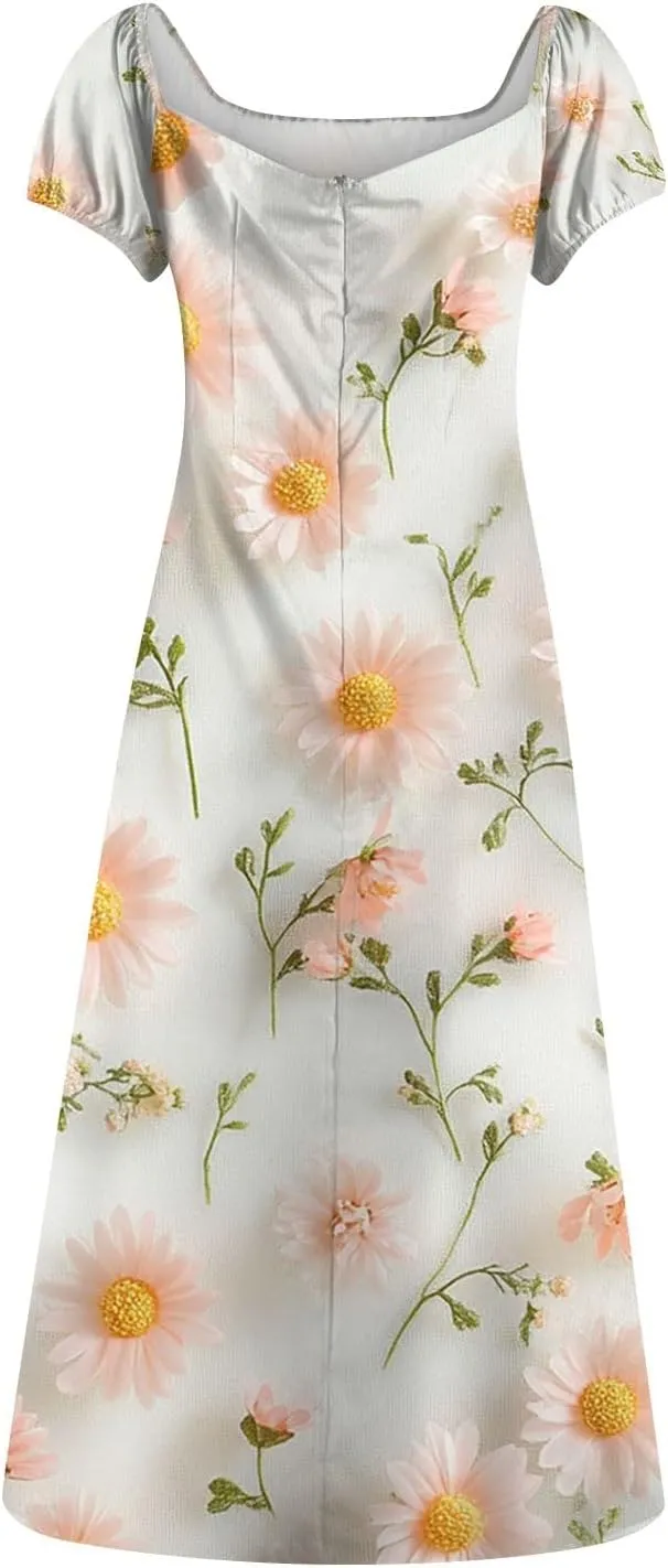 Midi Dresses for Women Summer Puff Sleeve Square Neck A Line Floral Dress for Wedding Ruched High Waist Split Dresses