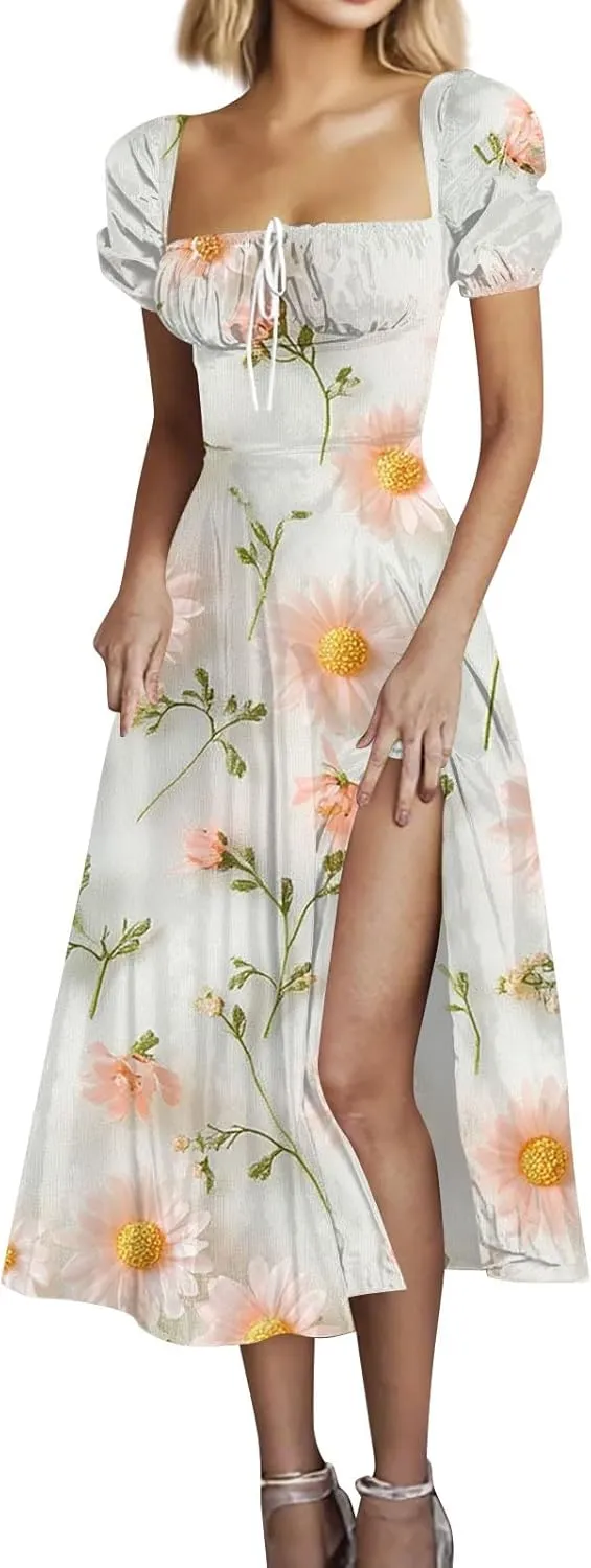 Midi Dresses for Women Summer Puff Sleeve Square Neck A Line Floral Dress for Wedding Ruched High Waist Split Dresses