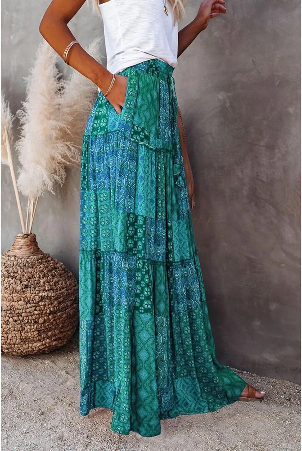 Midi Skirt,Elastic High Waist Drawstring Ruffle Hem Flowy Maxi Skirts for Women Trendy 2025 Summer Vacation Boho