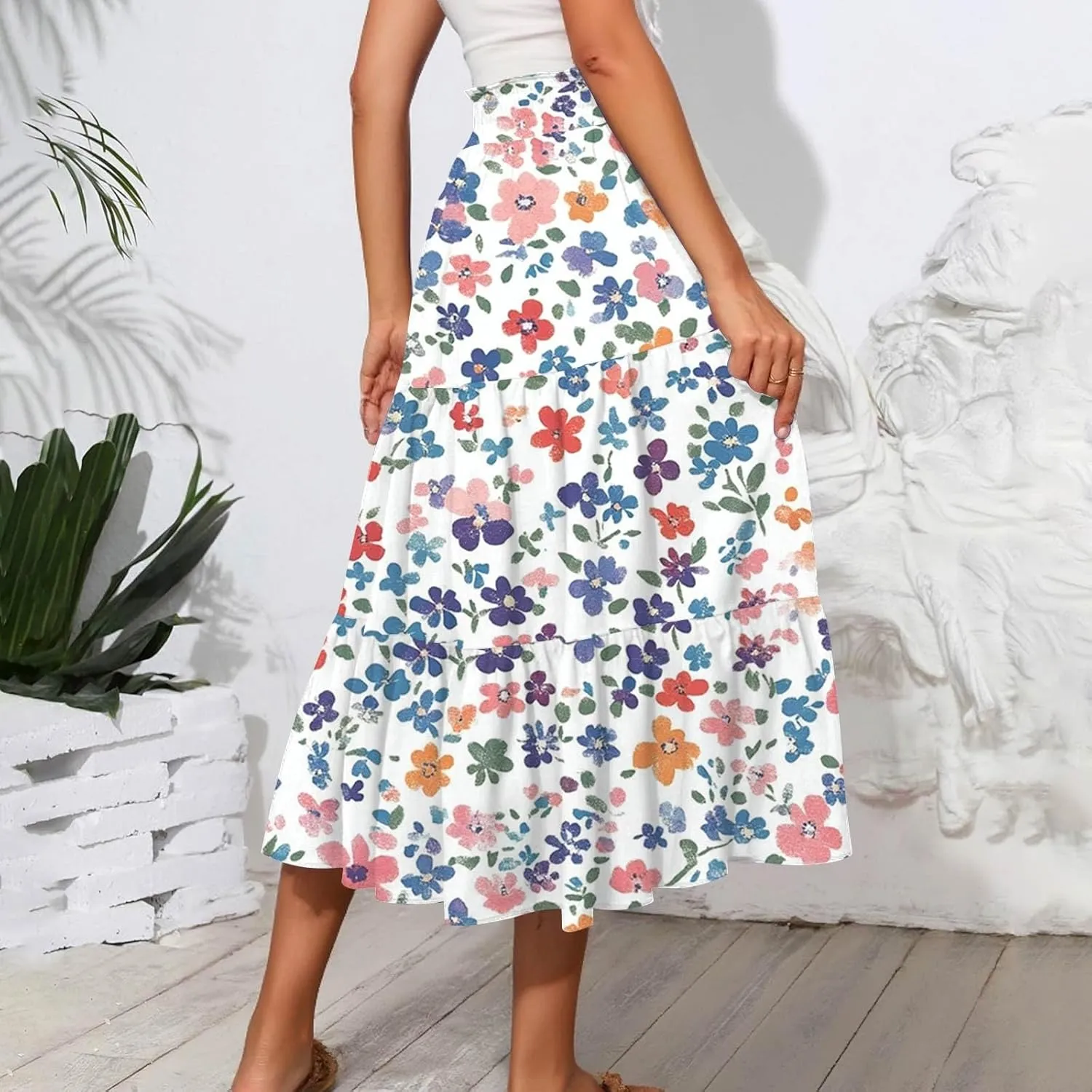 Midi Skirts for Women 2025 Boho Floral Skirts High Elastic Waisted Tiered Ruffle Skirt Flowy A Line Skorts with Pockets