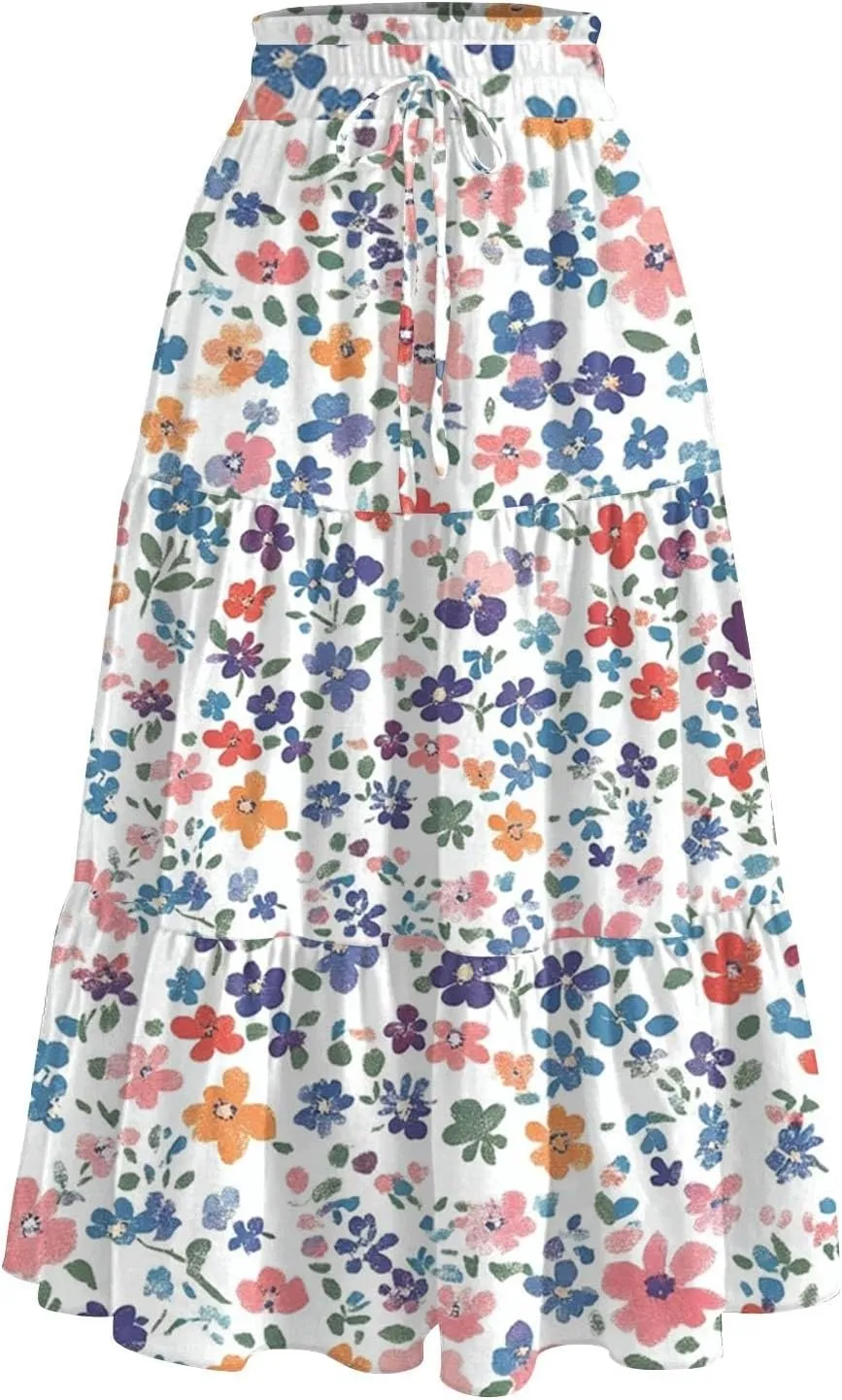 Midi Skirts for Women 2025 Boho Floral Skirts High Elastic Waisted Tiered Ruffle Skirt Flowy A Line Skorts with Pockets