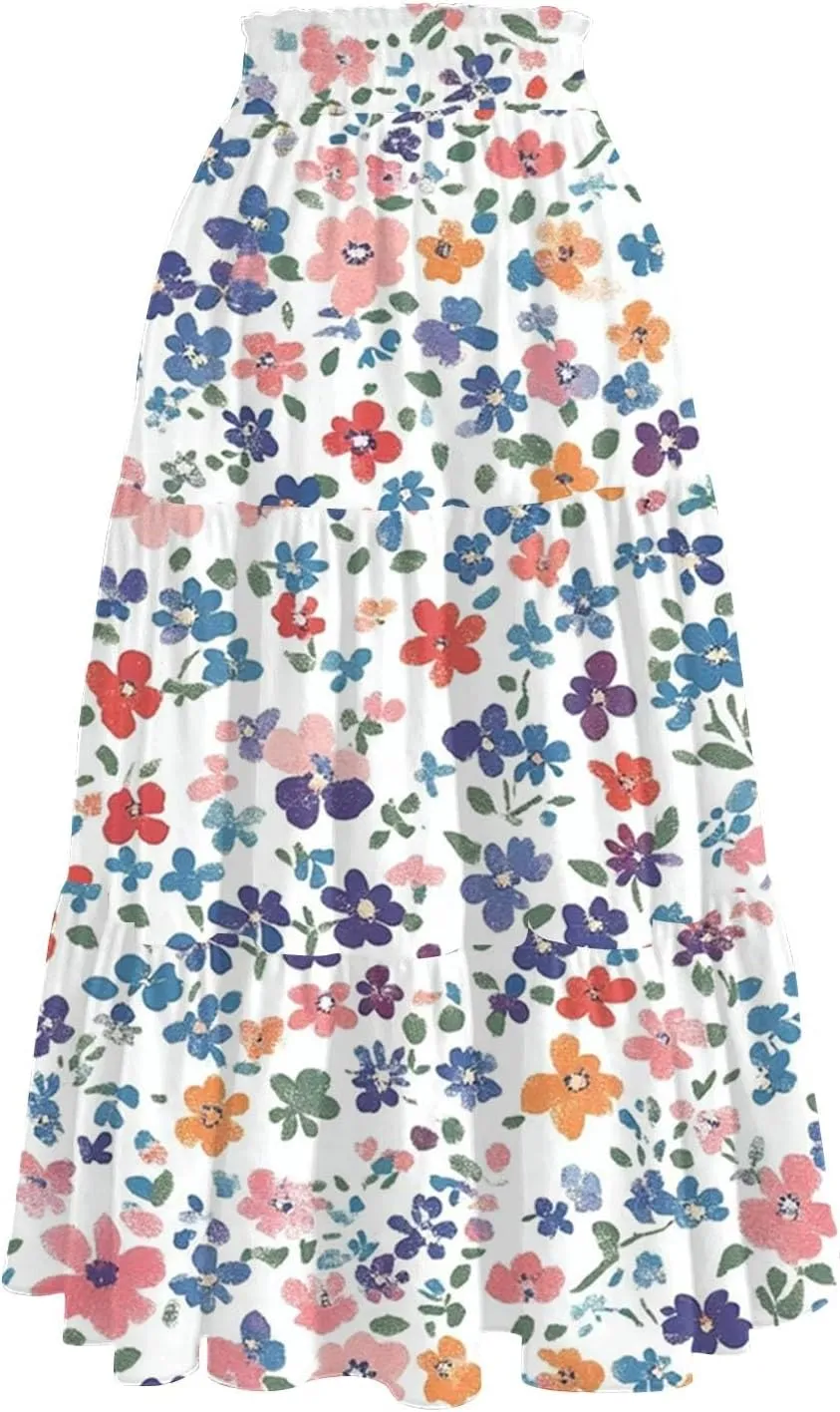Midi Skirts for Women 2025 Boho Floral Skirts High Elastic Waisted Tiered Ruffle Skirt Flowy A Line Skorts with Pockets