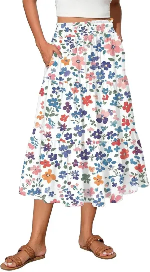 Midi Skirts for Women 2025 Boho Floral Skirts High Elastic Waisted Tiered Ruffle Skirt Flowy A Line Skorts with Pockets