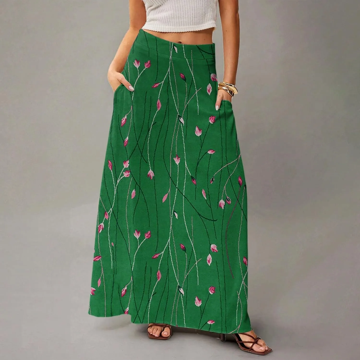 Midi Skirts for Women Summer High Waisted Pleated A-Line Swing Floral Long with Pockets