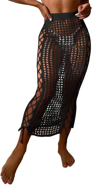Midi Skirts for Women Women's Sexy Sheer Lace Up Side Tie Pure Color Knit Maxi Skirt Beach Vacation Half Skirt
