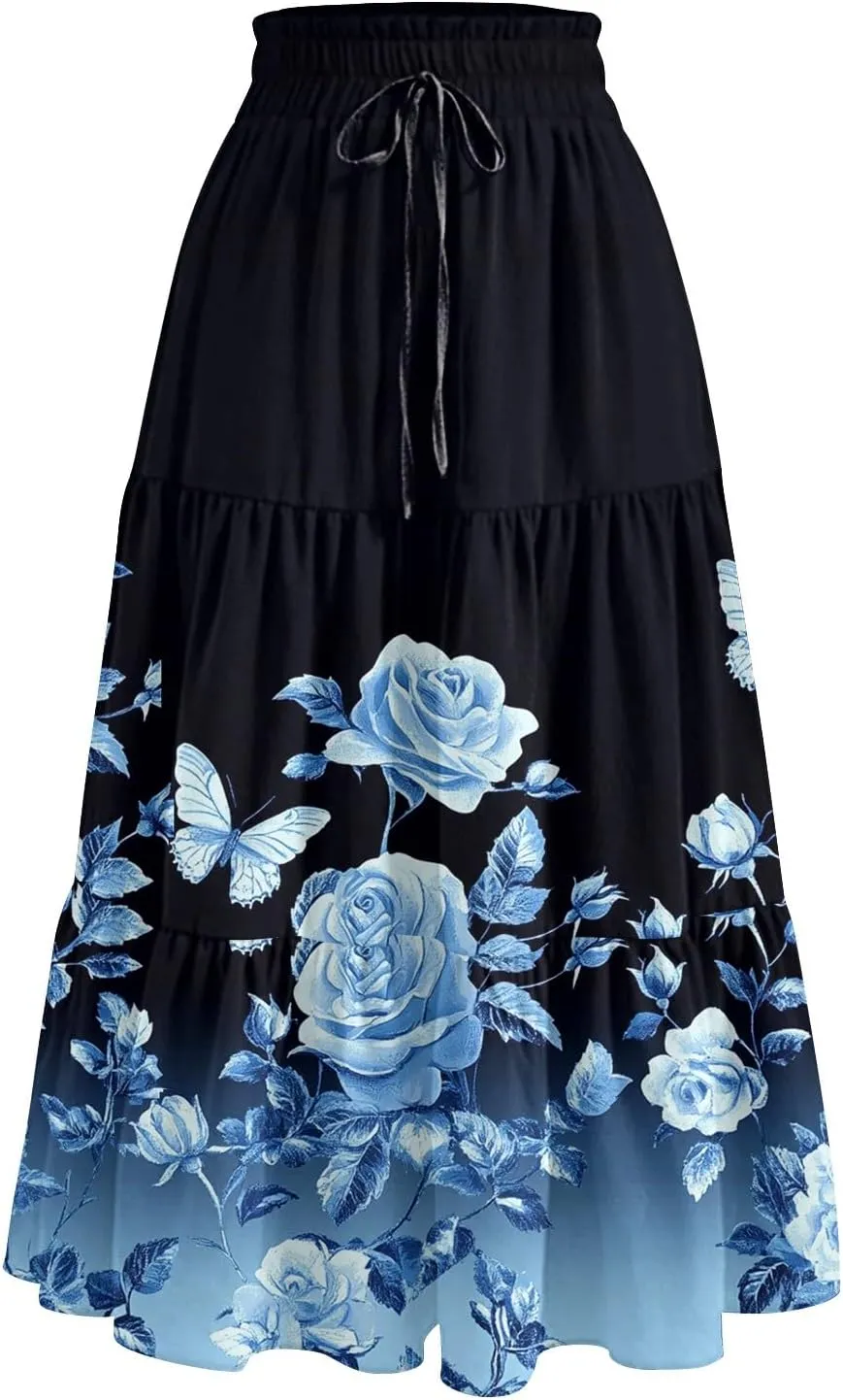 Midi Summer Skirts for Women Drawstring High Waist Knee Length Skirts A Line Floral Print Work Skirt with Pockets