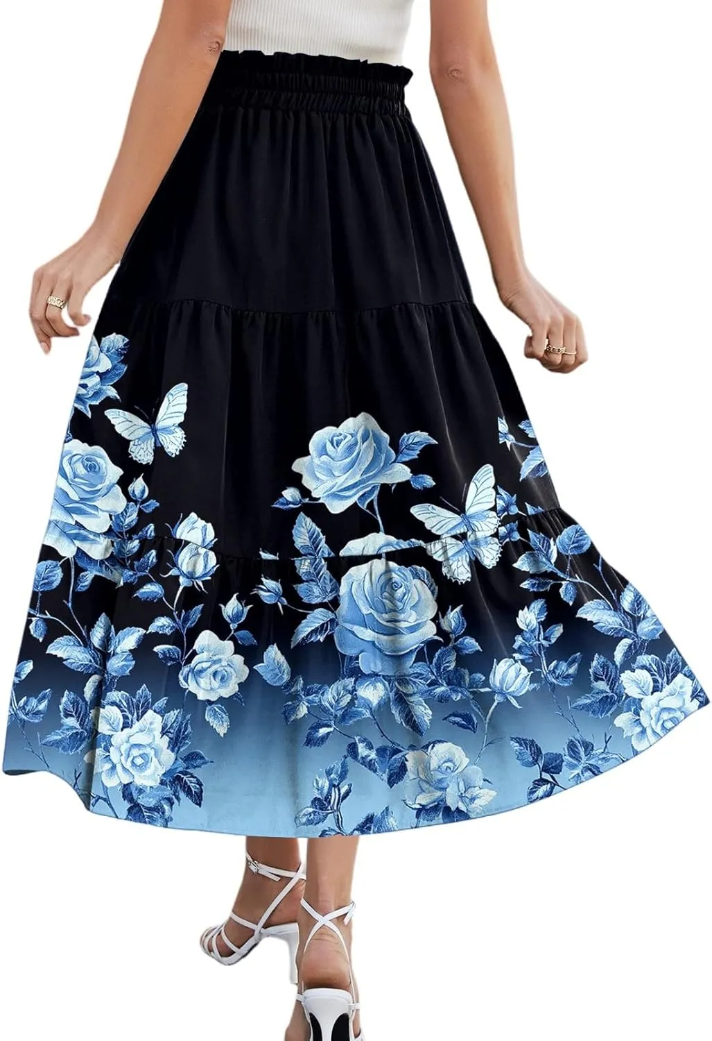 Midi Summer Skirts for Women Drawstring High Waist Knee Length Skirts A Line Floral Print Work Skirt with Pockets