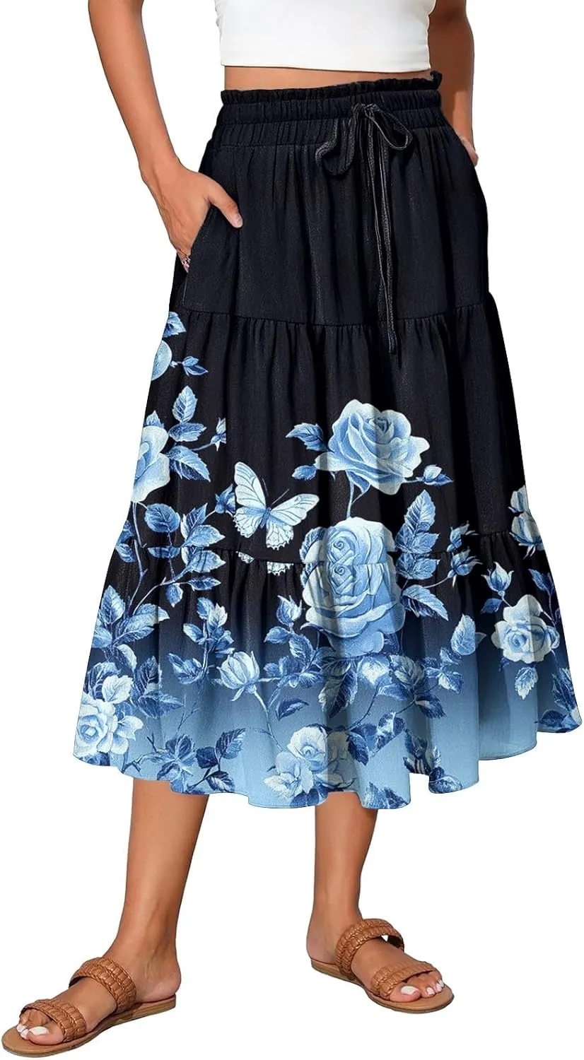 Midi Summer Skirts for Women Drawstring High Waist Knee Length Skirts A Line Floral Print Work Skirt with Pockets
