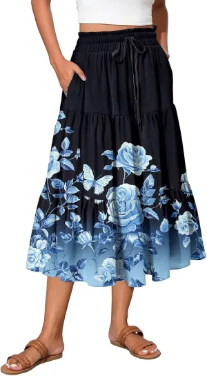 Midi Summer Skirts for Women Drawstring High Waist Knee Length Skirts A Line Floral Print Work Skirt with Pockets