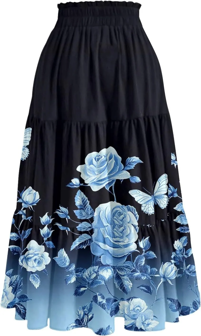 Midi Summer Skirts for Women Drawstring High Waist Knee Length Skirts A Line Floral Print Work Skirt with Pockets