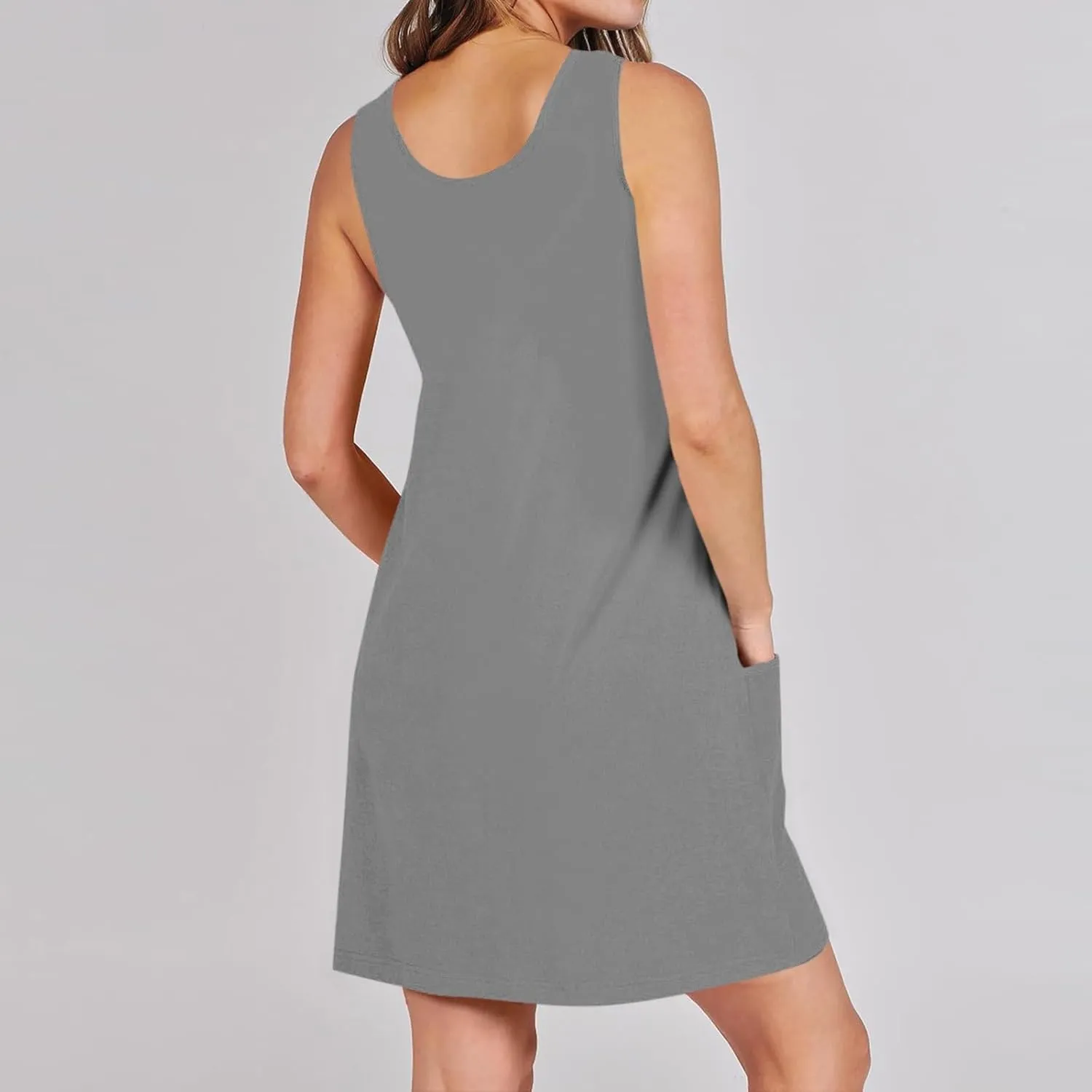 Mini Dress for Women Summer U Neck Sleeveless Beach Dresses Casual Solid Loose Fit Vacation Sundress with Pockets