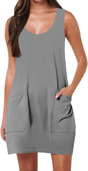Mini Dress for Women Summer U Neck Sleeveless Beach Dresses Casual Solid Loose Fit Vacation Sundress with Pockets