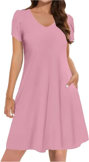 Mini Dresses for Women Casual V-Neck Short Sleeve Sundresses Ladies Fashion Summer Beach Short Dress with Pockets