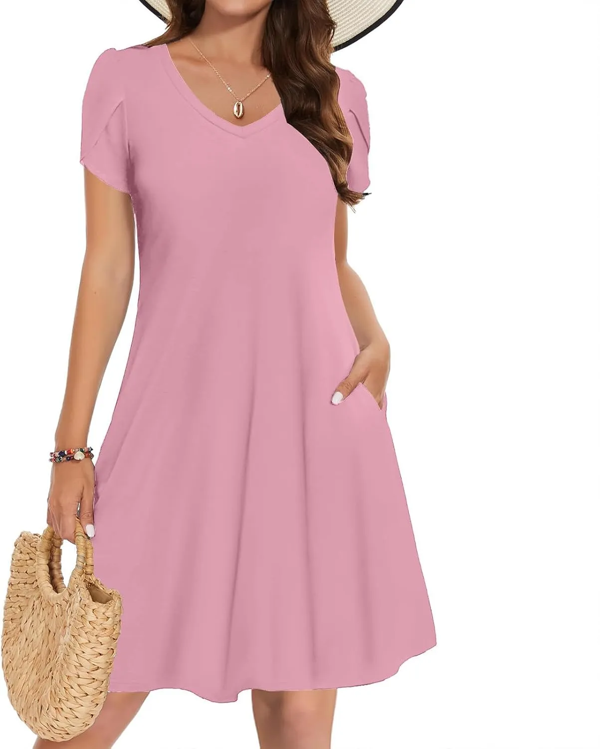 Mini Dresses for Women Casual V-Neck Short Sleeve Sundresses Ladies Fashion Summer Beach Short Dress with Pockets