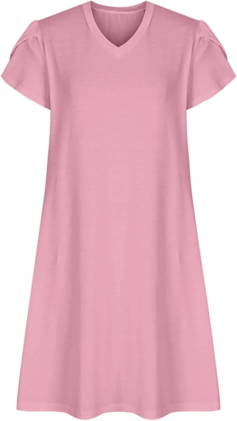 Mini Dresses for Women Casual V-Neck Short Sleeve Sundresses Ladies Fashion Summer Beach Short Dress with Pockets