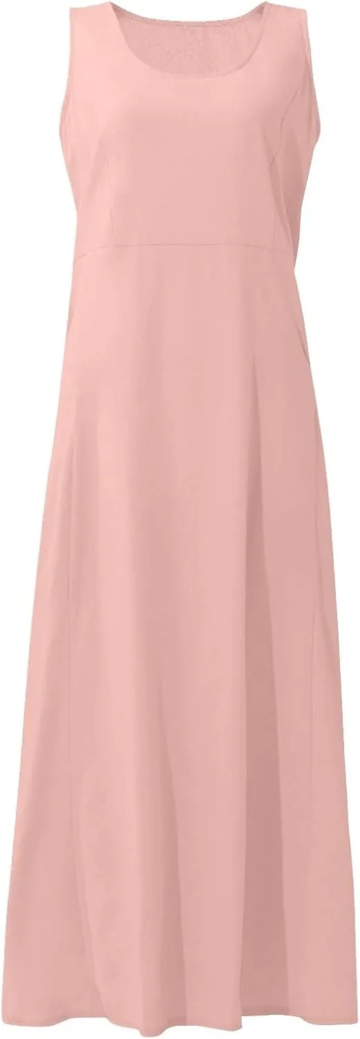 Modest Dresses for Women Casual Cocktail Dresses Summer Sleeveless Linen Pocket Dress Crewneck Solid Colour Dress