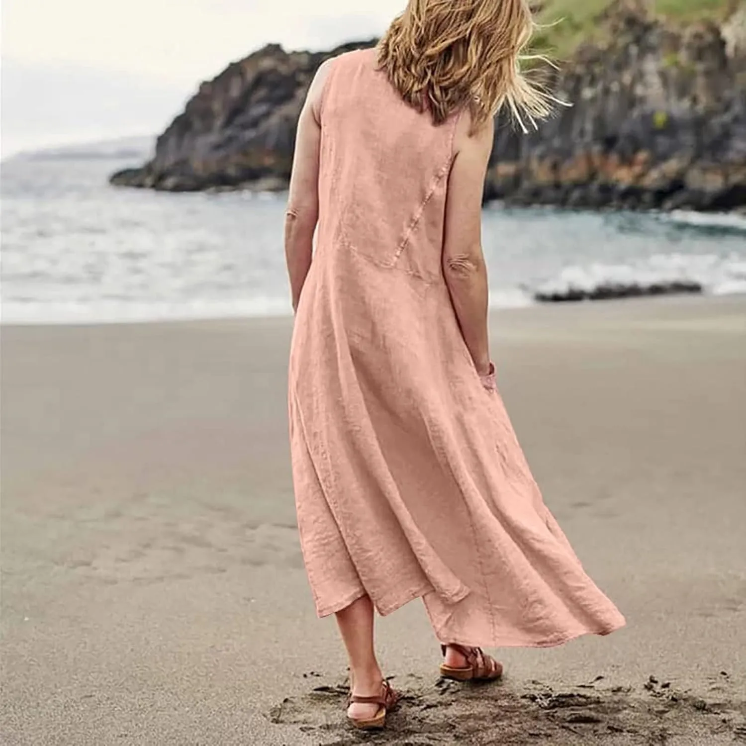Modest Dresses for Women Casual Cocktail Dresses Summer Sleeveless Linen Pocket Dress Crewneck Solid Colour Dress