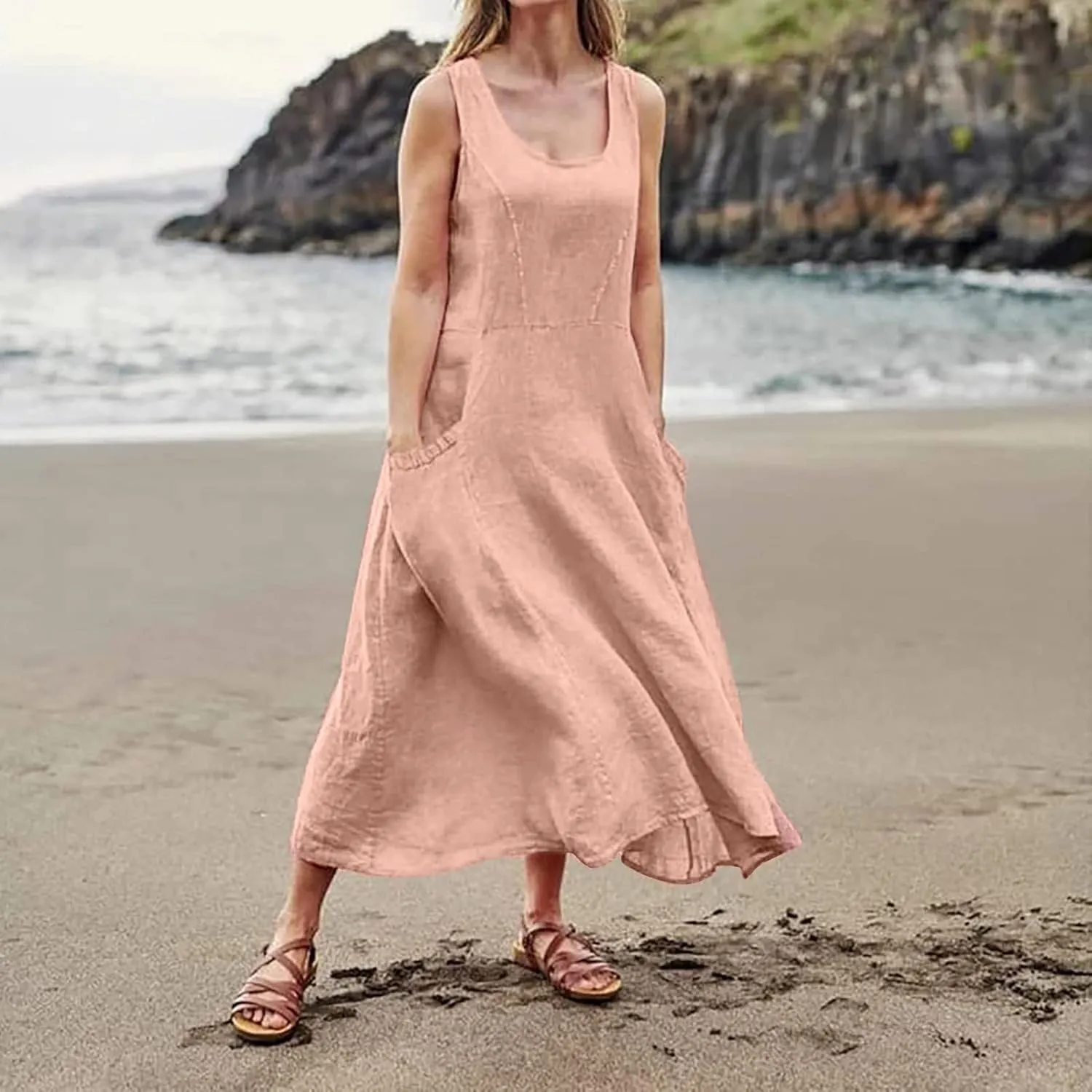 Modest Dresses for Women Casual Cocktail Dresses Summer Sleeveless Linen Pocket Dress Crewneck Solid Colour Dress