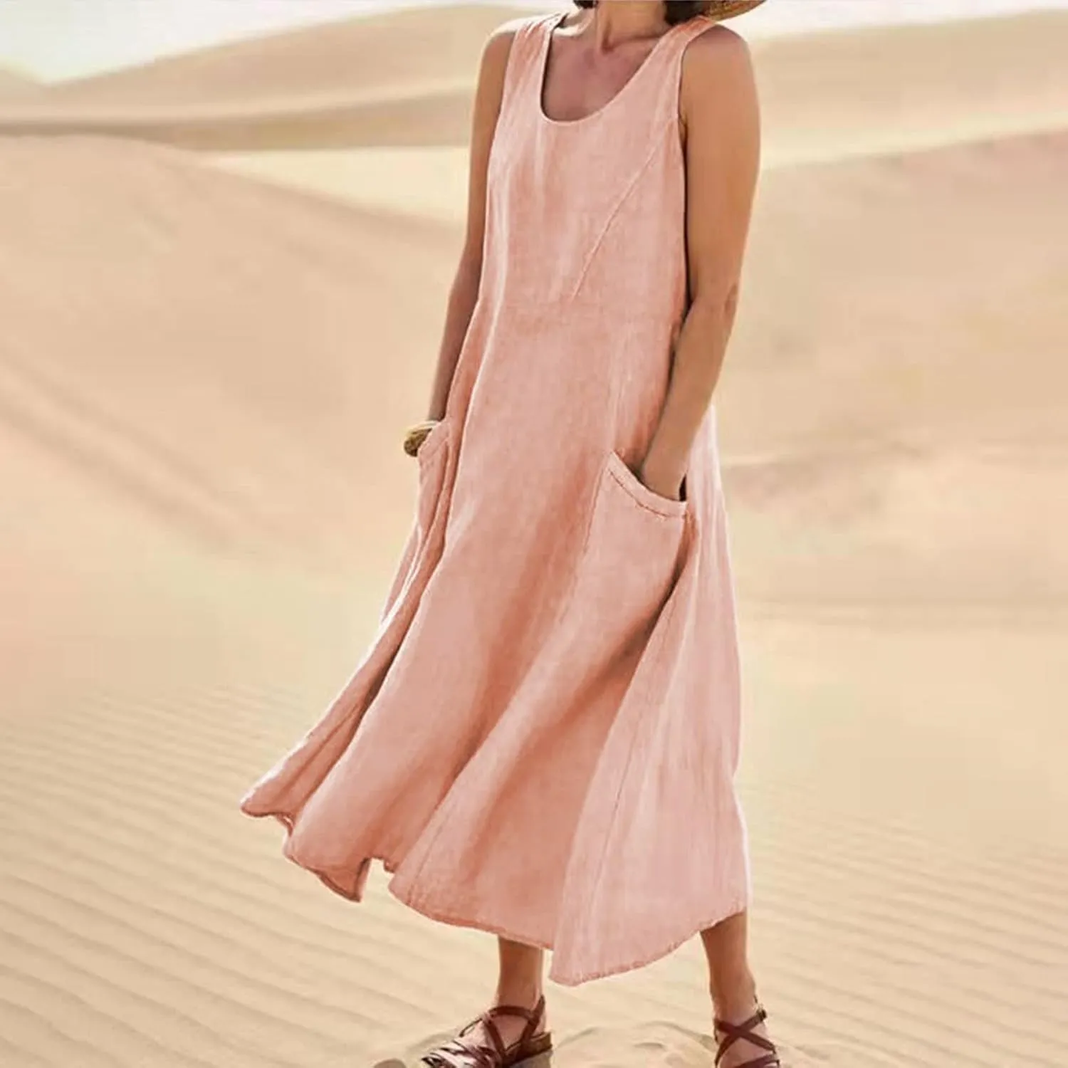 Modest Dresses for Women Casual Cocktail Dresses Summer Sleeveless Linen Pocket Dress Crewneck Solid Colour Dress