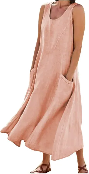 Modest Dresses for Women Casual Cocktail Dresses Summer Sleeveless Linen Pocket Dress Crewneck Solid Colour Dress