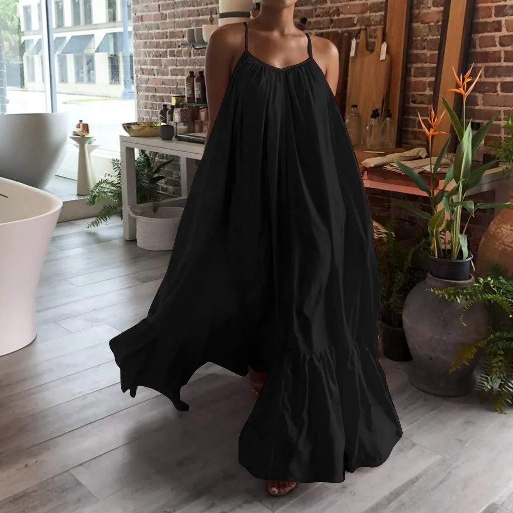 NaRHbrg Plus Size Women's Casual Loose Sundress Long Dress Sleeveless Maxi Dresses Summer Beach Flowy Dress with Pockets