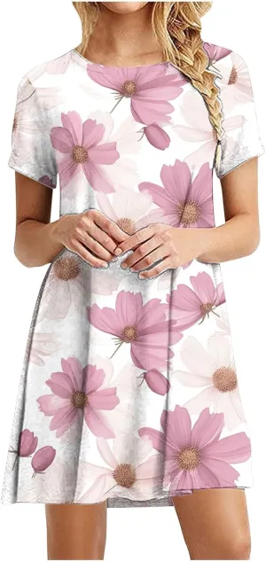 NaRHbrg Womens Short Sleeve Plus Size T-Shirt Dress Summer Casual Dress Loose Swing A-Line Summer Tunic Dresses with Pockets