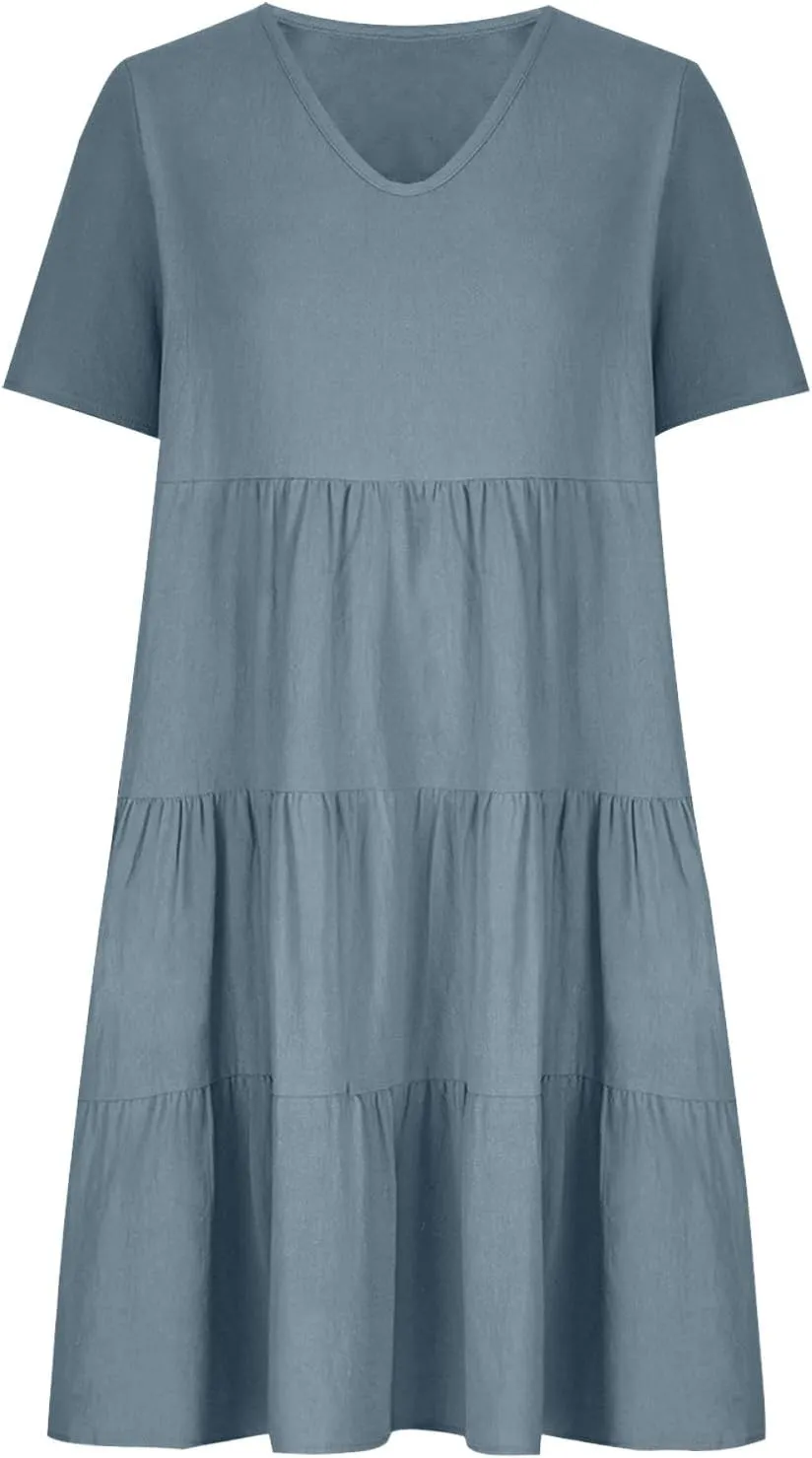 NaRHbrg Women's V-Neck Tiered Midi Dress Short Sleeve Loose Fit Casual Boho Sundress Summer Dresses for Beach Vacation