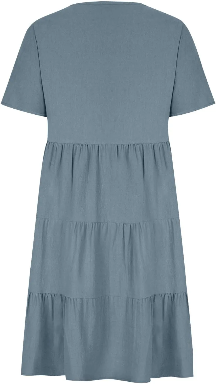 NaRHbrg Women's V-Neck Tiered Midi Dress Short Sleeve Loose Fit Casual Boho Sundress Summer Dresses for Beach Vacation