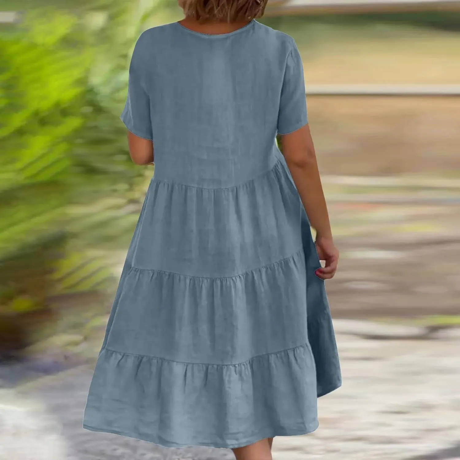 NaRHbrg Women's V-Neck Tiered Midi Dress Short Sleeve Loose Fit Casual Boho Sundress Summer Dresses for Beach Vacation