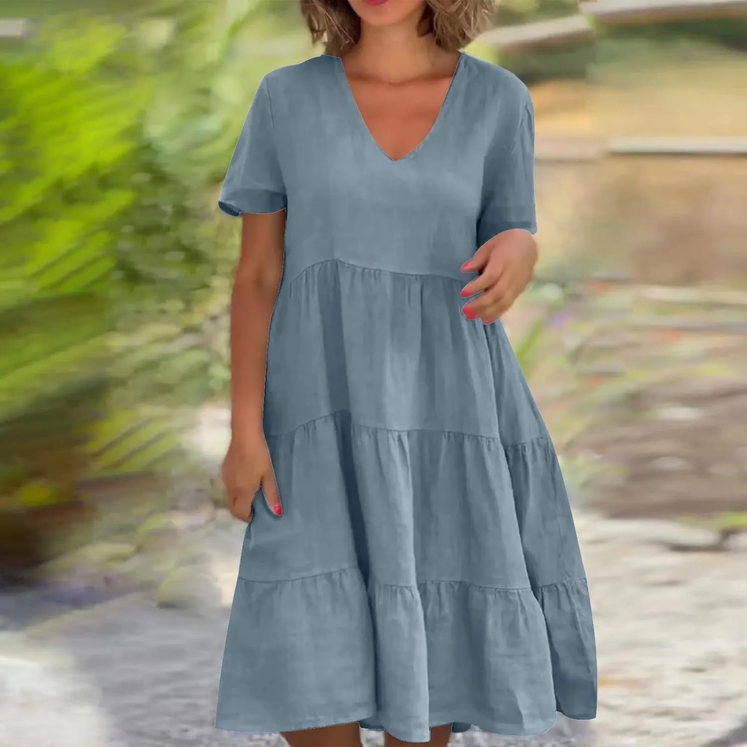 NaRHbrg Women's V-Neck Tiered Midi Dress Short Sleeve Loose Fit Casual Boho Sundress Summer Dresses for Beach Vacation