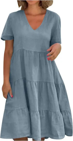 NaRHbrg Women's V-Neck Tiered Midi Dress Short Sleeve Loose Fit Casual Boho Sundress Summer Dresses for Beach Vacation