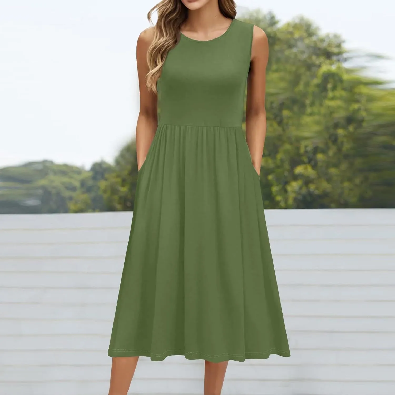 NBXNZWF Summer Dresses for Women 2025 Casual Loose Sleeveless Sundresses Beach A-Line Tank T-Shirt Midi Dress with Pockets