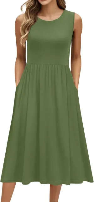 NBXNZWF Summer Dresses for Women 2025 Casual Loose Sleeveless Sundresses Beach A-Line Tank T-Shirt Midi Dress with Pockets
