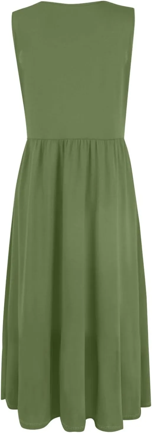 NBXNZWF Summer Dresses for Women 2025 Casual Loose Sleeveless Sundresses Beach A-Line Tank T-Shirt Midi Dress with Pockets