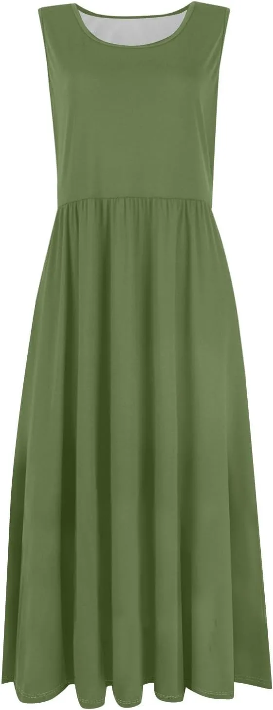 NBXNZWF Summer Dresses for Women 2025 Casual Loose Sleeveless Sundresses Beach A-Line Tank T-Shirt Midi Dress with Pockets