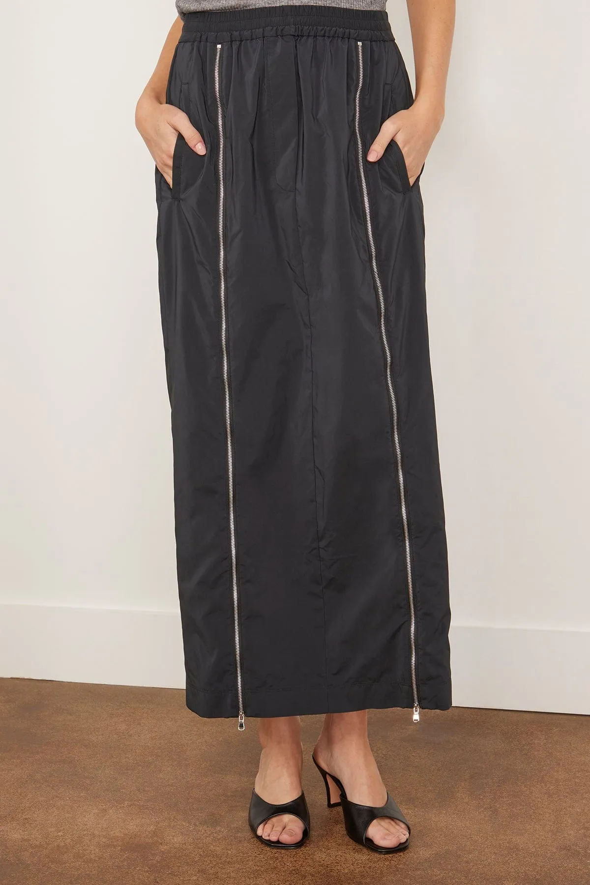 Nylon Zipper Maxi Skirt in Black