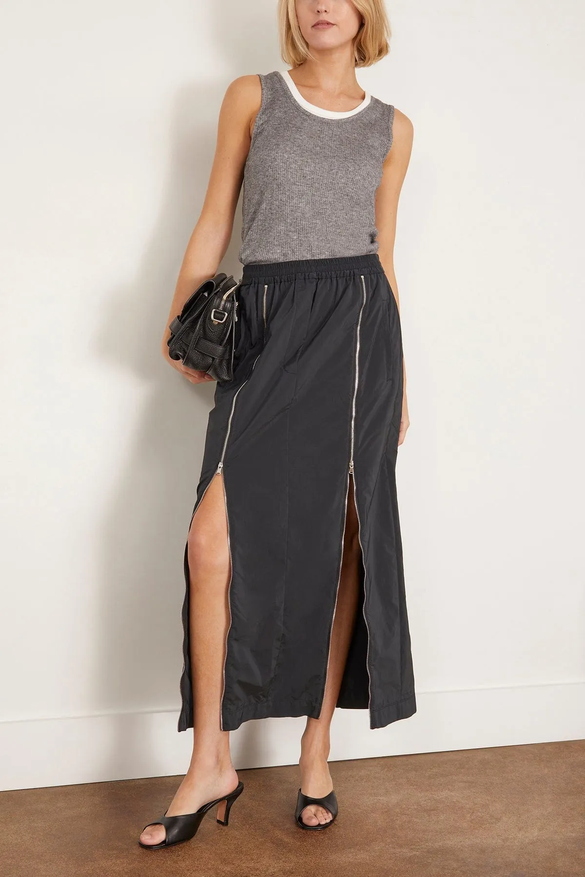Nylon Zipper Maxi Skirt in Black