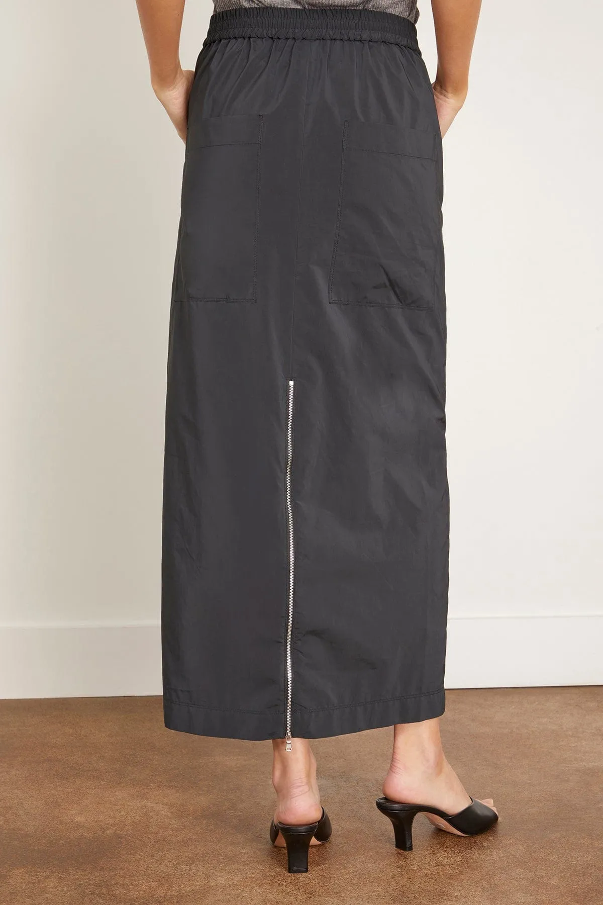 Nylon Zipper Maxi Skirt in Black