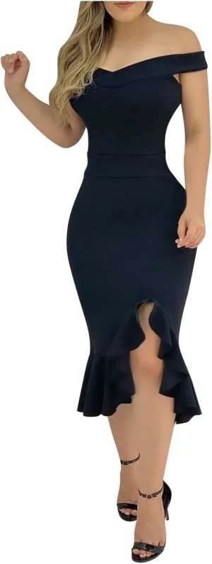 Off Shoulder Dress Ladies Sexy Slit Ruffle Irregular Hem Casual Open Back Plain Off Midi A-Line Zipper Cocktail