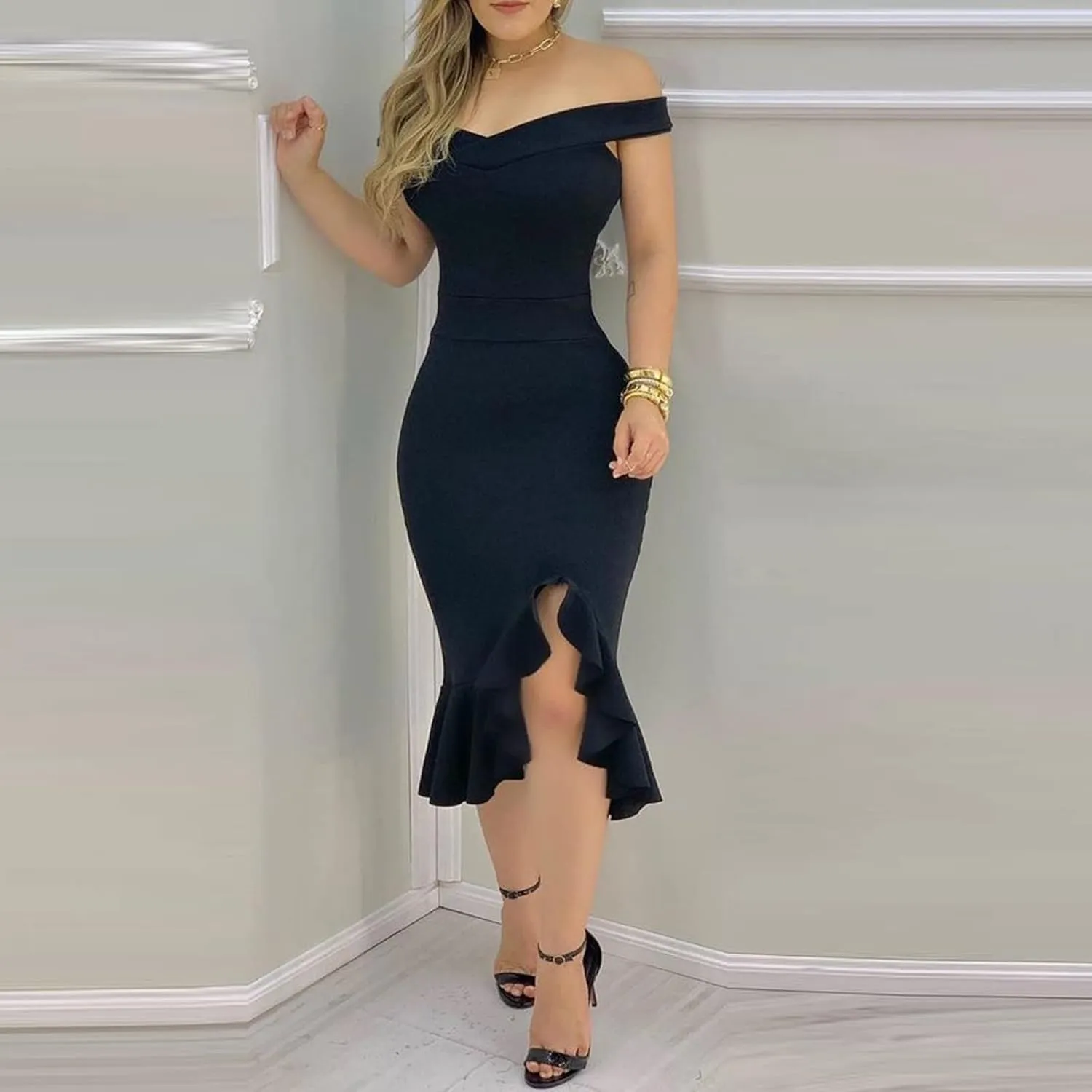 Off Shoulder Dress Ladies Sexy Slit Ruffle Irregular Hem Casual Open Back Plain Off Midi A-Line Zipper Cocktail