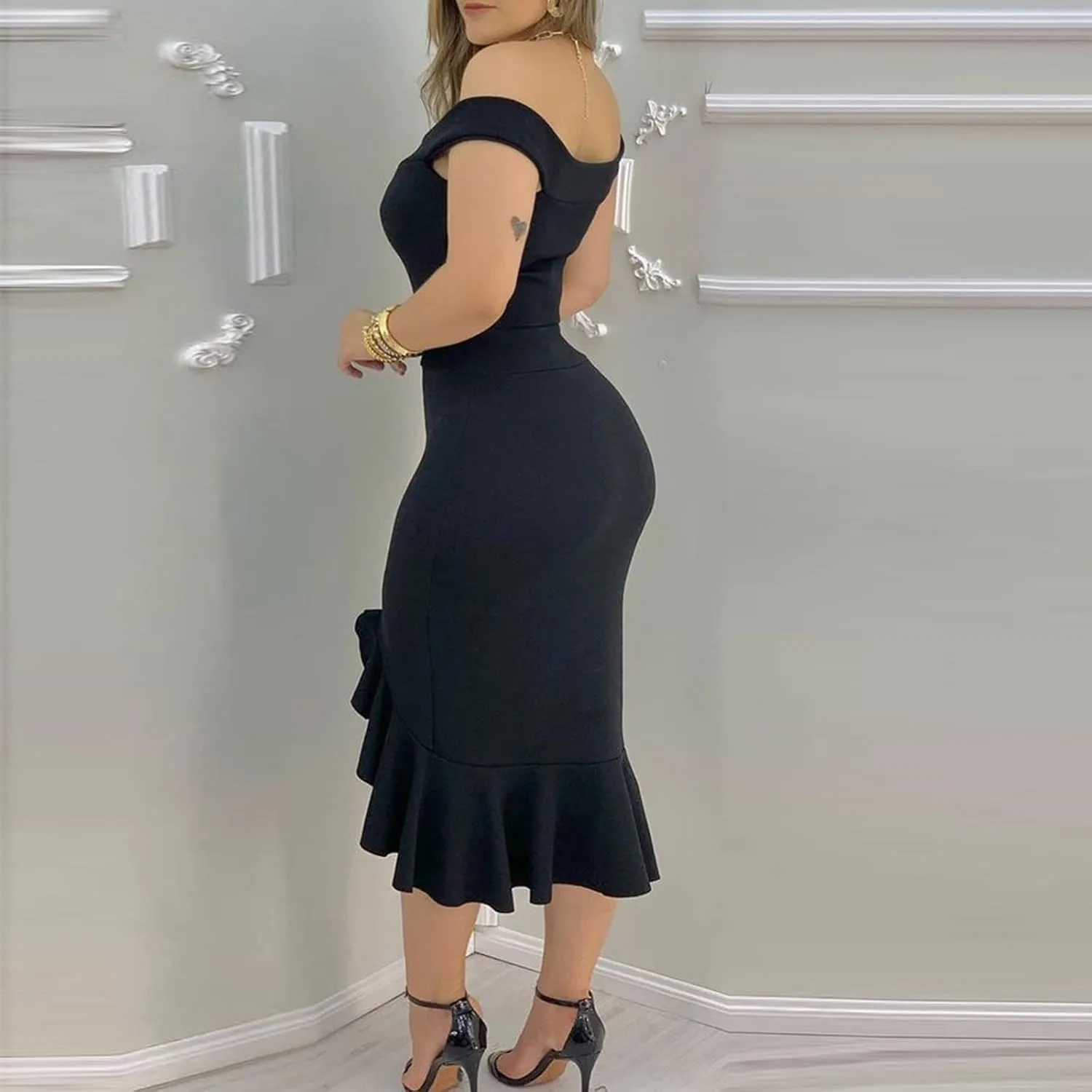 Off Shoulder Dress Ladies Sexy Slit Ruffle Irregular Hem Casual Open Back Plain Off Midi A-Line Zipper Cocktail