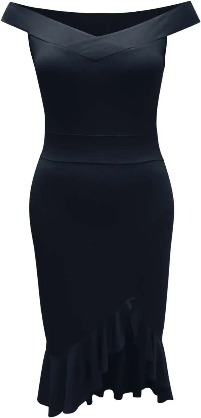 Off Shoulder Dress Ladies Sexy Slit Ruffle Irregular Hem Casual Open Back Plain Off Midi A-Line Zipper Cocktail