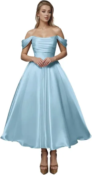Off Shoulder Satin Wedding Dresses for Bride Tea Length A Line Prom Dresses Pleated Modest Cocktail Party Gown