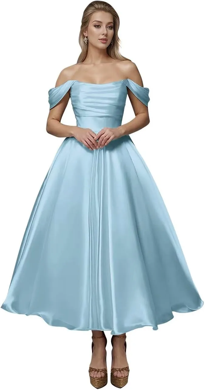 Off Shoulder Satin Wedding Dresses for Bride Tea Length A Line Prom Dresses Pleated Modest Cocktail Party Gown