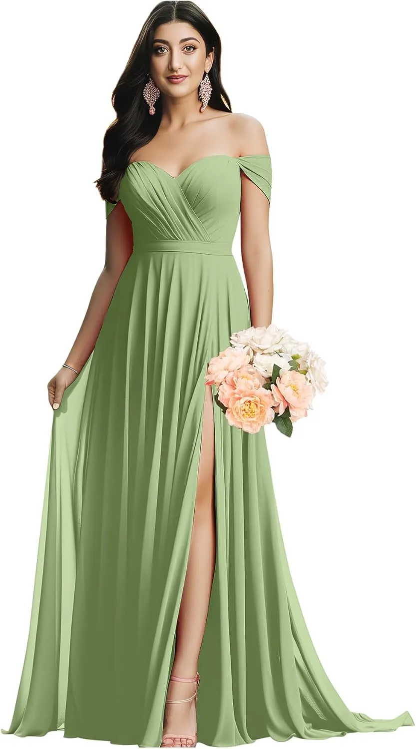 Off The Shoulder Bridesmaid Dresses for Wedding Ruched Chiffon Split Formal Evening Dress with Pockets